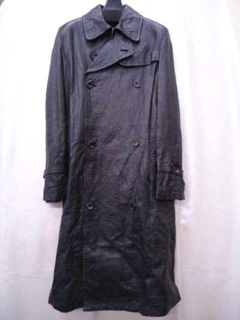 【KCM】ya-turi-9★中古美品★【YOHJI YAMAMOTO+NOIR】レザー ロングコート　羊革　シワ加工　サイズ 1　ブラック