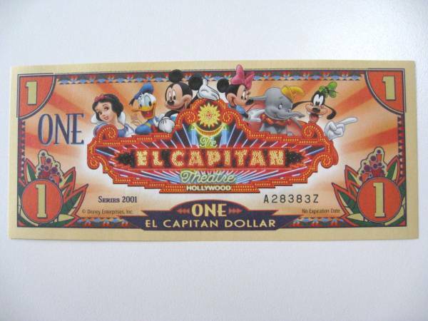 ディズニー EL CAPITAN ダラー　1ドル札（2001年版） $1 紙幣 Disney Dollars