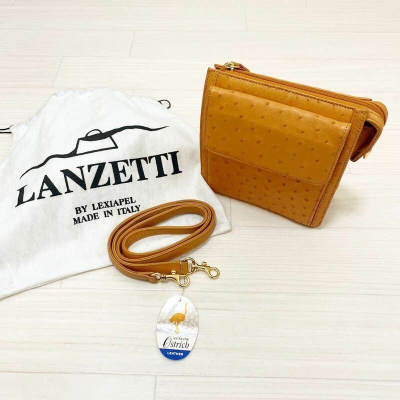 良品 美品 LANZETTI ランゼッティ ostrich オーストリッチ革 ショルダーバッグ 保存袋