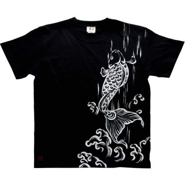 メンズ Tシャツ Mサイズ 黒 登り鯉柄Tシャツ ブラック ハンドメイド 手描きTシャツ 和柄