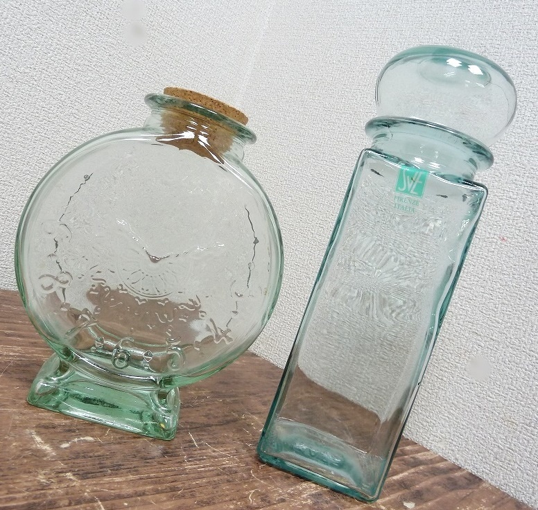 (☆BM)【感謝特別価格】ガラス ボトル 2点 イタリア製 保存容器 時計柄 アンティークレトロ フレンチカントリー調 ナチュラル キッチン用品