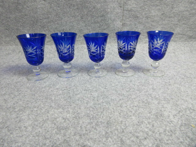【政】28555 青色切子ガラスコンポート 5個 高杯 レトロ 骨董 古物
