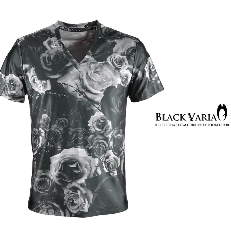 9#bv05-bk BLACK VARIA 薔薇 大輪 花 有刺鉄線 プレミアム Vネック 半袖Tシャツ メンズ(ブラック黒) M ステージ 吸水速乾＆2wayストレッチ