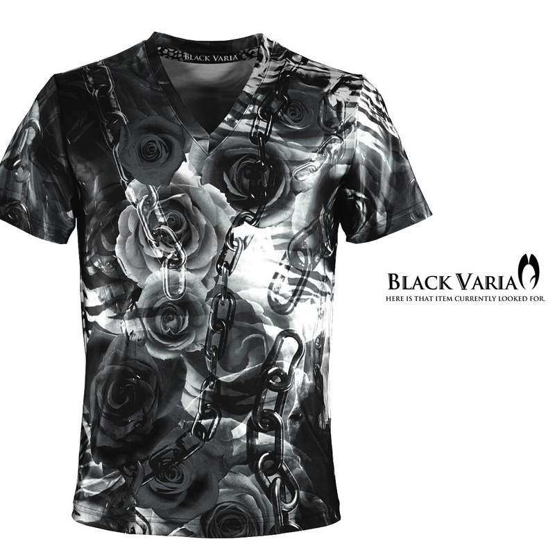 9#bv10-bk BLACK VARIA 薔薇 花 チェーン ゼブラ プレミアム Vネック 半袖Tシャツ メンズ(ブラック黒) L 日本製 吸水速乾＆2wayストレッチ