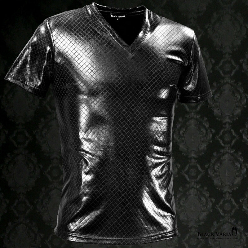 9#193203-bk BLACK VARIA 半袖 Tシャツ Vネック バイアスチェック柄 ダイヤ柄 日本製 光沢 メンズ(ブラック黒) L ビジュアル系 ホスト