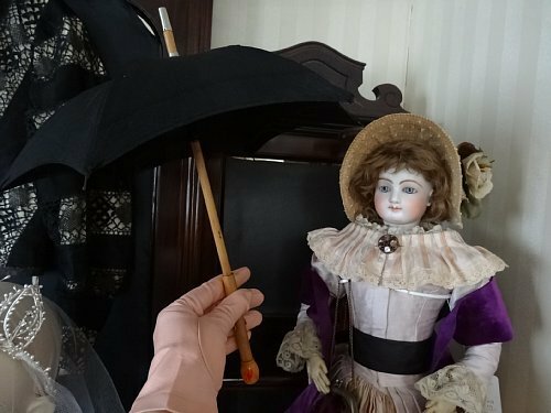 Grace アンティーク フランス 1900年頃 ドール(人形 )用の 傘 ( パラソル、アンブレラ ) 長さ36.4cm　シルク混、貴重な美品 　お持たせに
