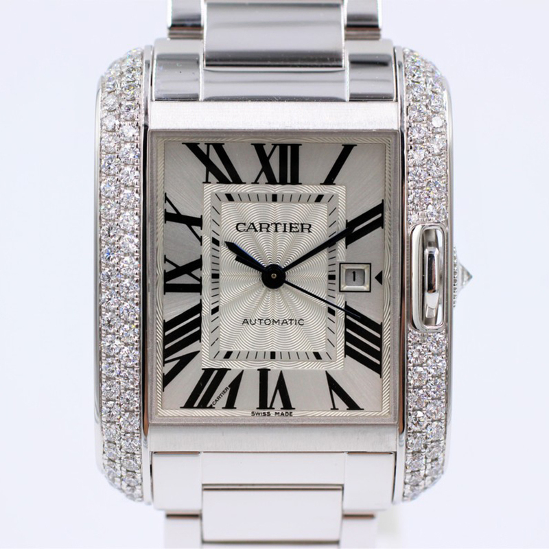【カルティエ】 腕時計 タンクアングレーズLM WT100009 ダイヤベゼル K18WG 自動巻き 中古品