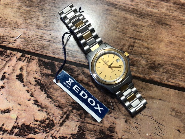 美品 デッドストック級 ヴィンテージ EDOX エドックス SWISS MADE デイト ゴールド文字盤 コンビブレス クオーツ レディース 腕時計