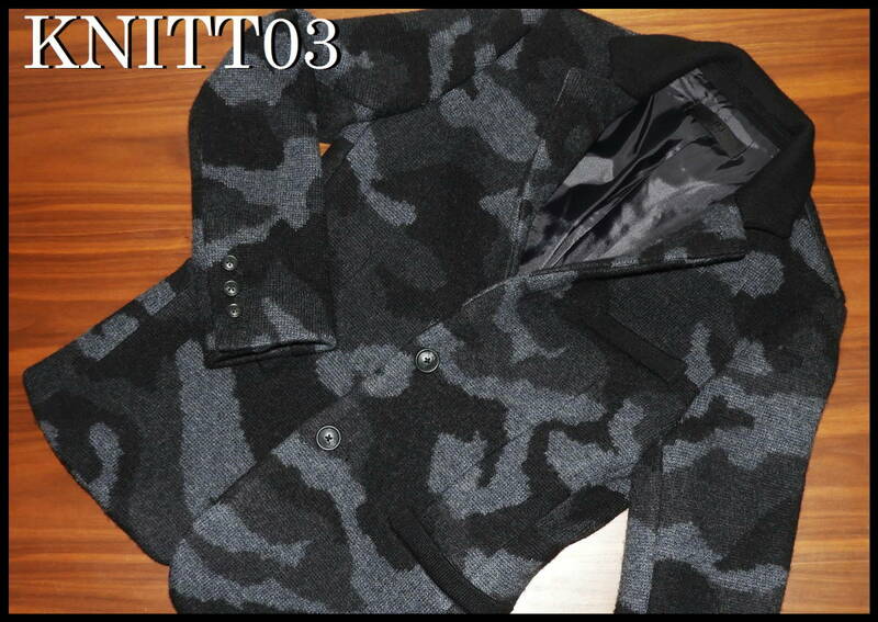 KNITT03 カモフラ ウールジャケット ニットゼロスリー ブラック 3 L メンズ テーラード ウール グレー ニット 迷彩 値札あり