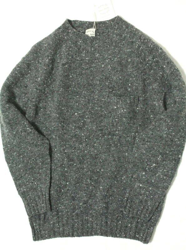 新品 英国製 SHETLAND ISLES WOOLLEN MILLS 胸ポケット付き ドネガルヤーン ネップ シェットランド クルーネックニット 38