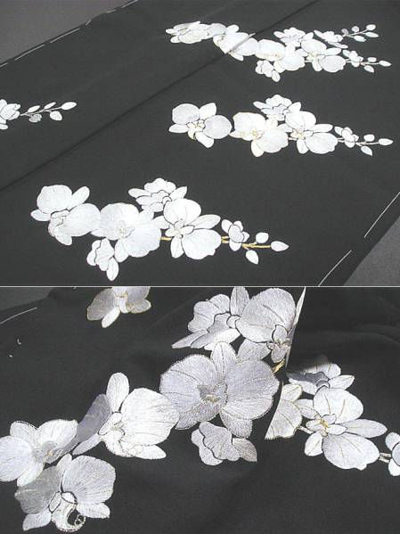 新品未仕立 正絹 刺繍入り友禅訪問着（八掛付）黒地　胡蝶蘭