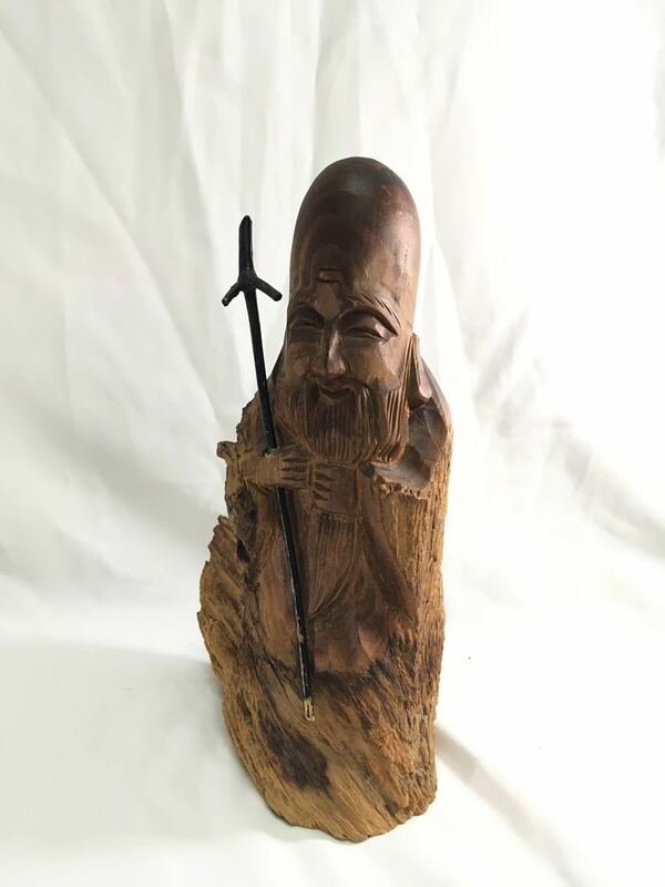 七福神 福禄寿 仏像 木彫 仏教美術 置物 彫刻 レトロ 木工 オブジェ アンティーク 高さ約18.5センチ