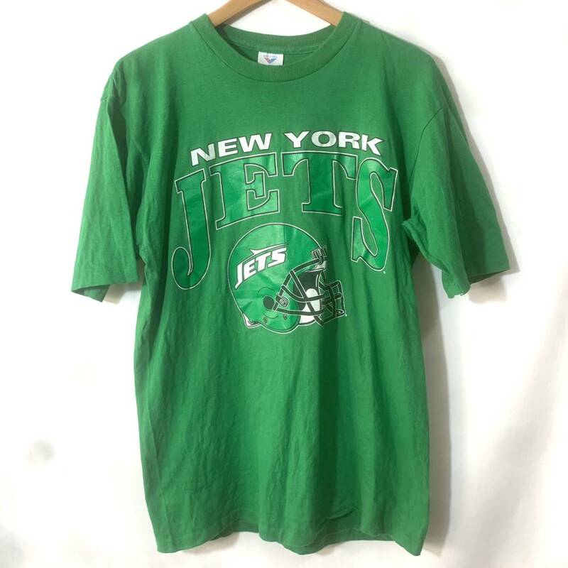 ■90s 90年代 USA製 ビンテージ Jostens NFL NEW YORK JETS ニューヨークジェッツ 3段プリント 半袖Tシャツ 古着 グリーン コットン 薄地■