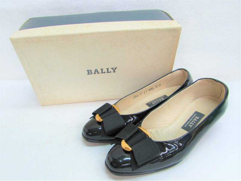 BALLY バリー レザー リボン 黒 ブラック パンプス ローヒール エナメル ゴールド金具 サイズ2