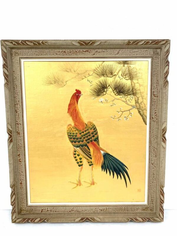 特大！油彩画 ◆鶏の絵画◆F20号 額装済 作者不明 落款あり 幅79cm×高さ91.5cm×厚み5.5cm