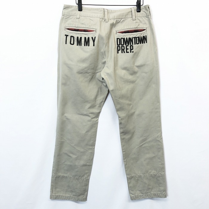 TOMMY トミー M メンズ チノパンツ ウエストと裾にチェック柄裏地 バックポケットにチェック柄とロゴ刺繍 綿100% ライトベージュカーキ系