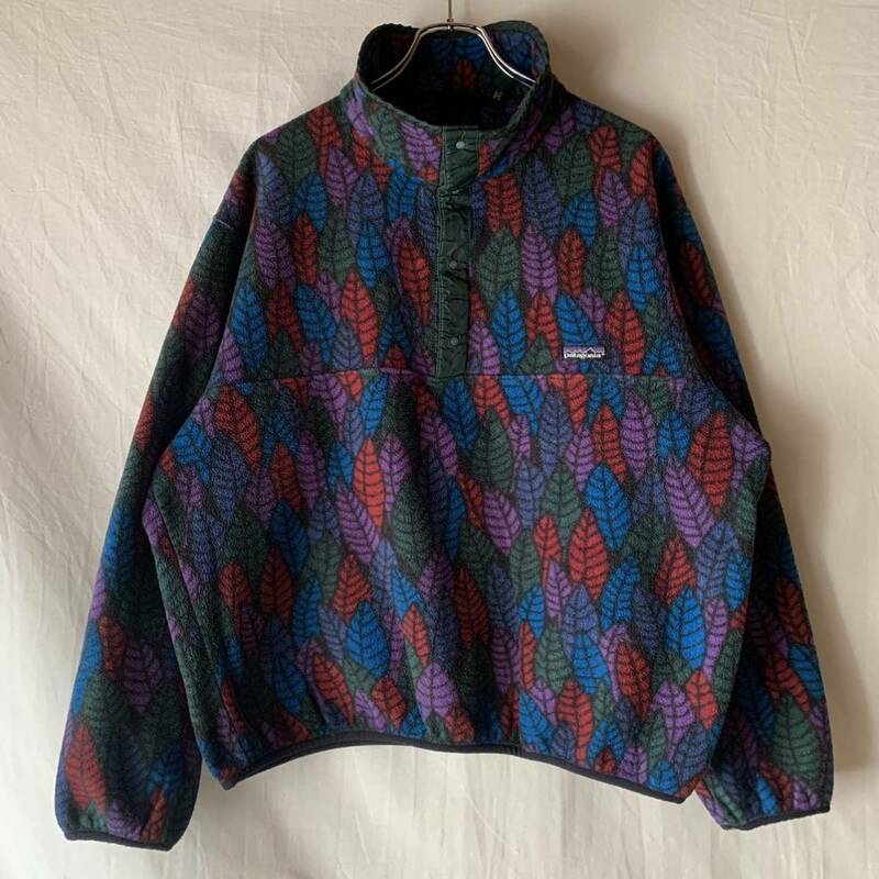 90s 92年製 F2 初期 旧タグ USA製 patagonia パタゴニア スナップT リーフ柄 葉柄 総柄 ヴィンテージ シンチラ フリース プルオーバー L