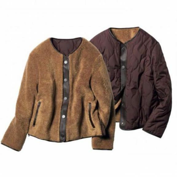 新品　自由区　オンワード樫山　リバーシブル　大きいサイズ　42 ブラウン　ジャケット　コート　キャメル　キルティング　ボア