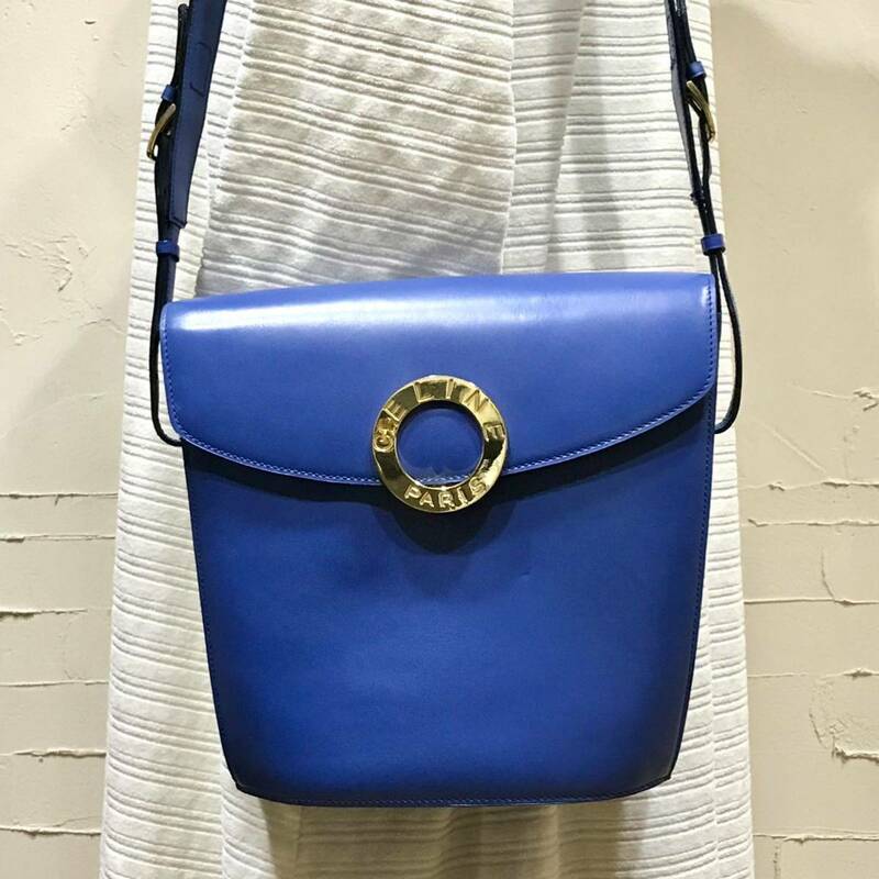 激レア 良品 希少カラー 90'S OLD CELINE ショルダーバッグ サークル金具 ロイヤルブルー バイカラー 年代物 ヴィンテージバッグ 斜め掛け