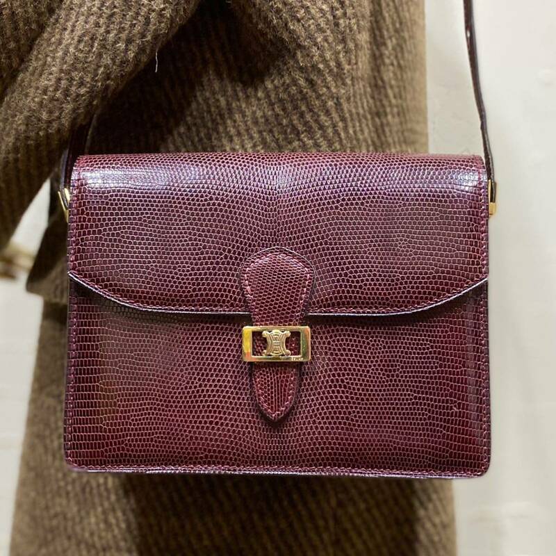 激レア 希少 OLD CELINE リザードレザー ショルダーバッグ ブラゾン金具 エキゾチックレザー ホースキャリッジ 年代物 ヴィンテージバッグ