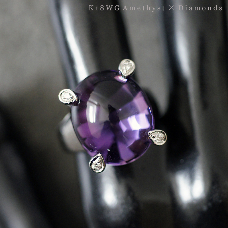 美品 K18 WG 大粒 18mm アメジスト 天然 ダイヤモンド リング 11.7g レディース アクセサリー 16号 ホワイト ゴールド 750 指輪 紫 水晶