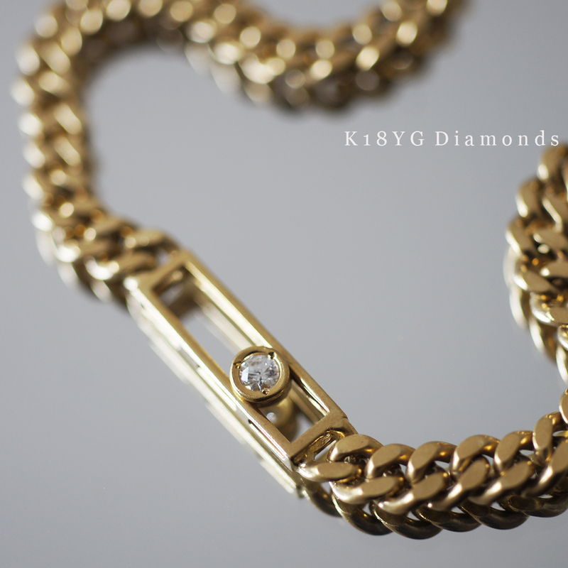 K18 YG 2面 カット 喜平 チェーン 天然 ダイヤモンド ブレスレット 19.2g 19㎝ メンズ レディース アクセサリー 750 イエロー ゴールド