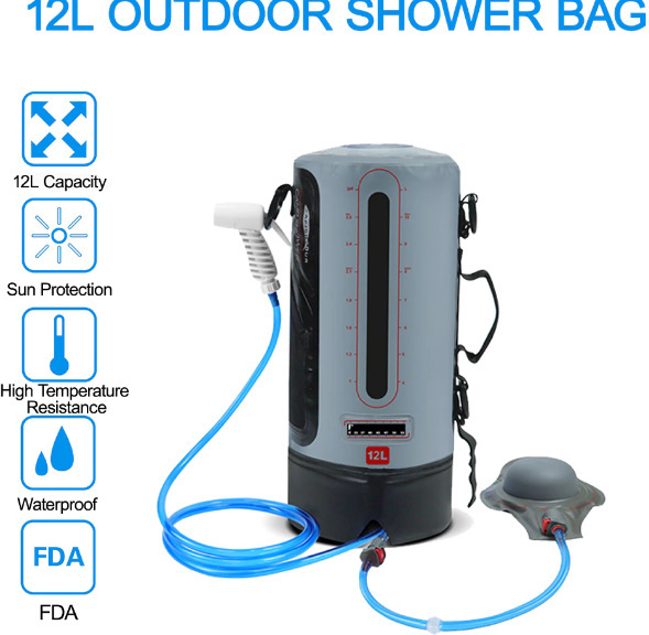 x296a　 太陽熱 シャワーバッグ 12L 空気圧式　エアーポンプ付き　ピクニック キャンプ 水バッグ 　貯水　食品の洗浄