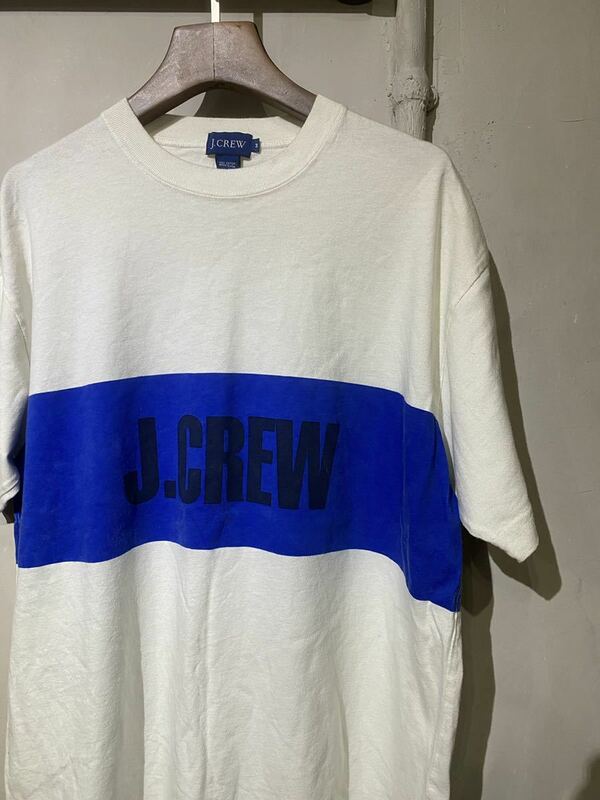 【即決】90s j.crew Jクルー 半袖 Tシャツ ロゴ プリント ボーダー 白 青 usa アメリカ製 古着 S