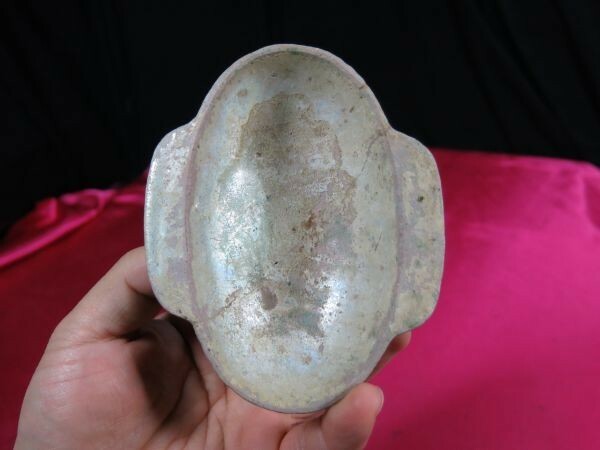 B　緑釉耳杯　漢時代　遺跡発掘品　中国　明器　副葬品　陶器　釉薬　銀化