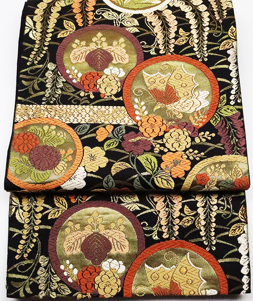 振袖用 袋帯 正絹 唐織 花蝶丸文 梅 菊 藤 Lサイズ F4962 未使用品 レディース 成人式 入学式 卒業式 送料無料 オールシーズン