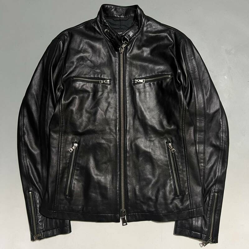 BURBERRY BLACK LABEL バーバリーブラックレーベル ラムレザー シングルライダース ジャケット ライン入り ブラック M