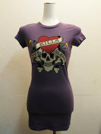 EdHardy タトゥープリント半袖Tシャツ LOVE KILLS SLOWLY 紫色パープル レディースXS / USエドハーディーTee女性ラブキル