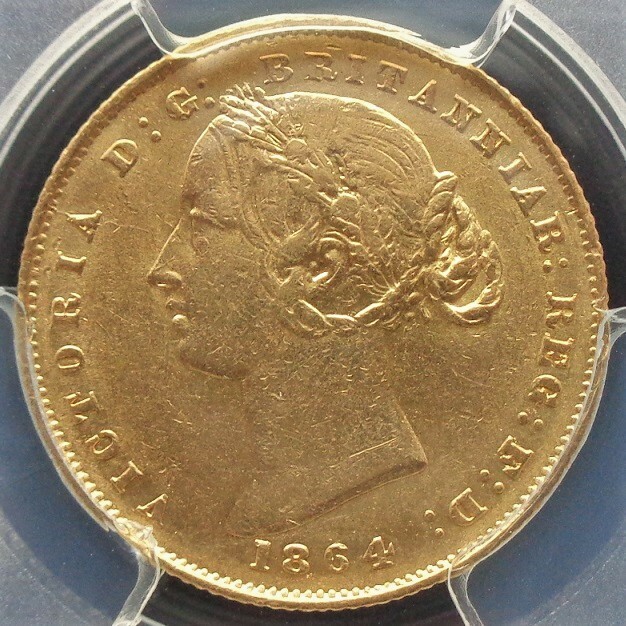 ■■オーストラリア ソヴリン ソブリン金貨 1864年 VICTORIA ヴィクトリア バンクシアタイプ PCGS AU55 美品+ 過大評価 稀少&高価!■■