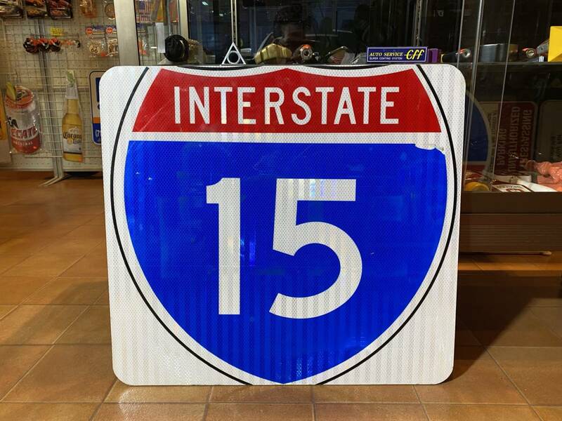 アメリカ雑貨 カリフォルニア ロサンゼルス ロードサイン 本物 INTER STATE 15 スクエア E109 道路標識 ガレージ インテリア USA