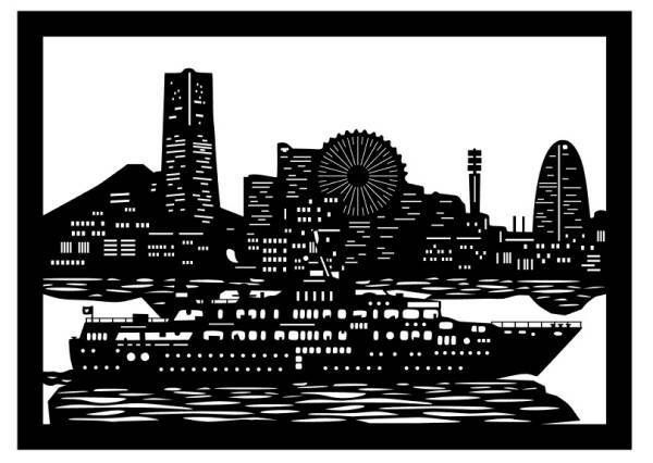 切り絵　夜景　横浜港 海面揺らぎ