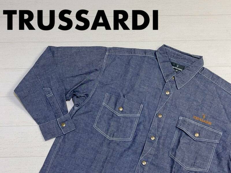 ☆送料無料☆ TRUSSARDI トラサルディ 古着 長袖 スナップボタン シャツ メンズ 40 インディゴブルー トップス 中古 即決