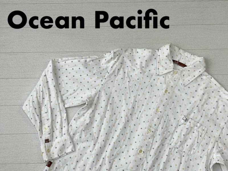 ☆送料無料☆ Ocean Pacific オーシャンパシフィック 古着 長袖 総柄 コーデュロイ シャツ メンズ L ホワイト トップス 中古 即決