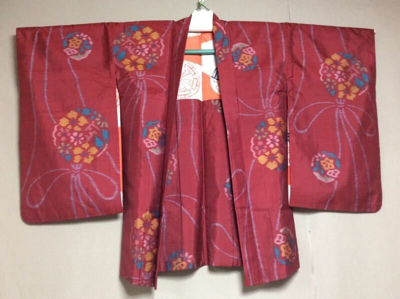QM4529 和装 着物 絹素材 朱色 赤茶色 花柄 羽織