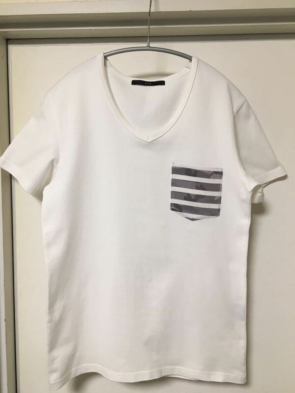 ◆【美品】 AKM エーケーエム/ カモフラボーダーポケット付き Vネック Tシャツ PK CAMO v-neck WHITE Ssize