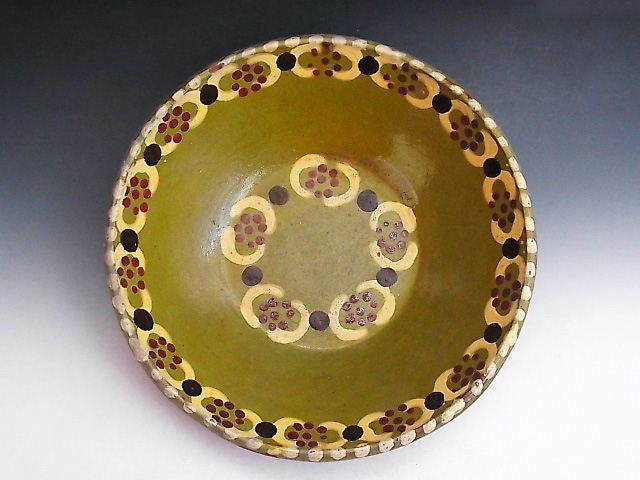 古民芸 ◆ 中南米 グァテマラ 花文様 緑釉 鉢皿 