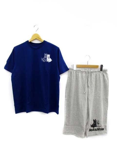 ∞ ブラック&ホワイト BLACK&WHITE セットアップ 上下 ホームウェア ルームウェア Tシャツ パンツ ハーフ F 青 ブルー グレー メンズ □G8