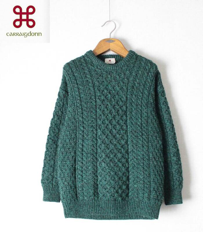 【 CARRAIG DONN キャレイグドン 】ウールニット フィッシャーマンズ クルーネックセーター XS アイルランド製 ケーブル グリーン