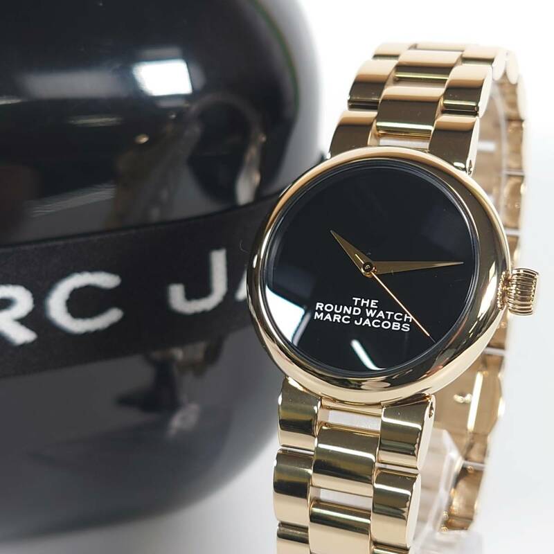 未使用 MARC JACOBS THE ROUND WATCH 20179280 腕時計 レディース ゴールドxブラック文字盤 32mm幅 クォーツ マークジェイコブス