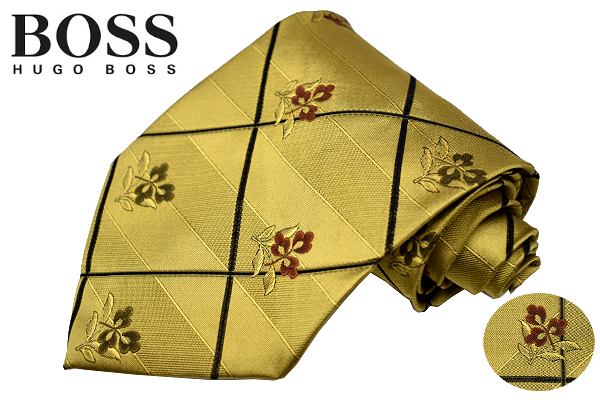 N-2338★送料無料★超美品★HUGO BOSS ヒューゴボス★正規品 イタリア製 豪華な ゴールド金色 花 ボーダー 織り生地 絹 シルクネクタイ