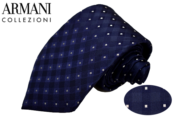 N-2346★送料無料★超美品★ARMANI COLLEZIONI アルマーニコレッツォーニ★正規品 イタリア製 ネイビー紺 チェック 織り生地 SILK ネクタイ