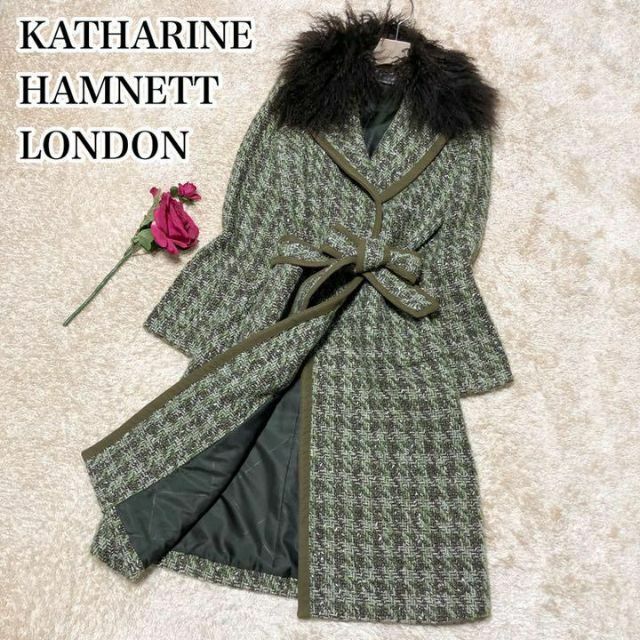 高級キャサリンハムネット ロンドン レディース ウール ツイード ロングガウンコート グリーン KATHARINE HAMNETT LONDON