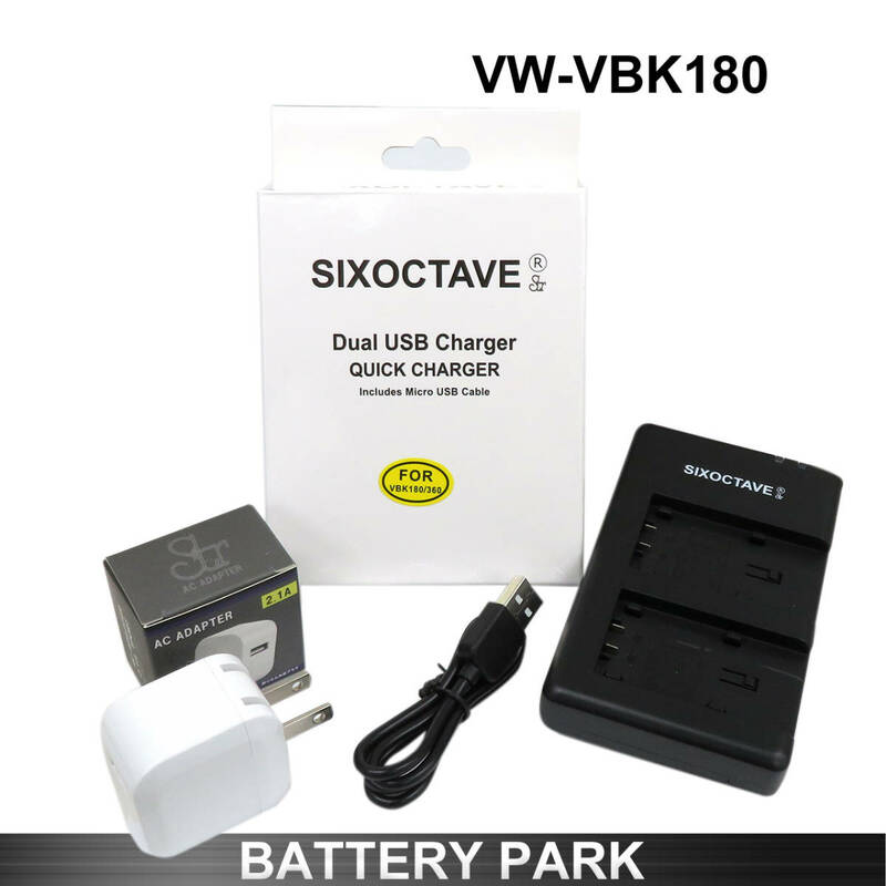 Panasonic VW-VBK180-K VW-VBK180 対応互換充電器（2個同時）2.1A高速ACアダプター付 VW-BC10 VW-BC10-K デジタルハイビジョンビデオカメラ