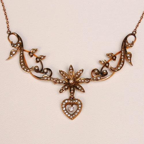 アンティーク シードパール ダイヤ 9ct フラワーネックレス