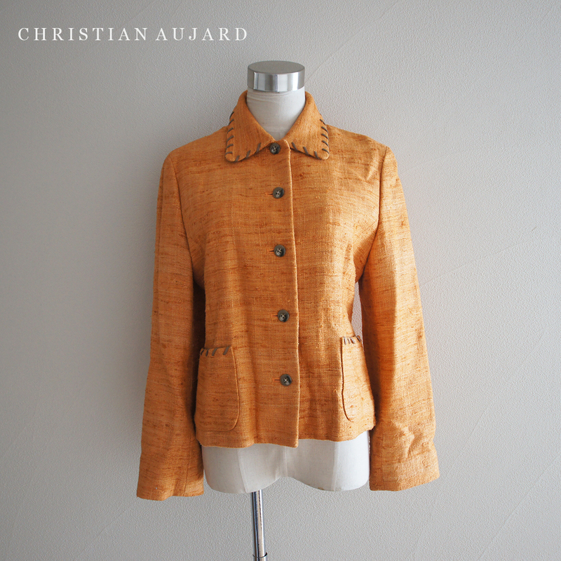 美品 クリスチャン オジャール シルク ツイード ジャケット レディース 9 絹 アウター 上着 トップス オレンジ CHRISTIAN AUJARD