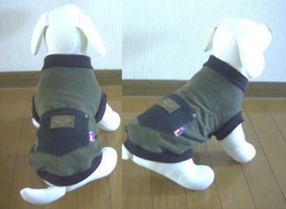 犬服AB22■LLLサイズ■大き目コーギーフレブル等中型犬用カーキ色ビンテージ風Tシャツ＊黒リブ古着調ハンドメイド